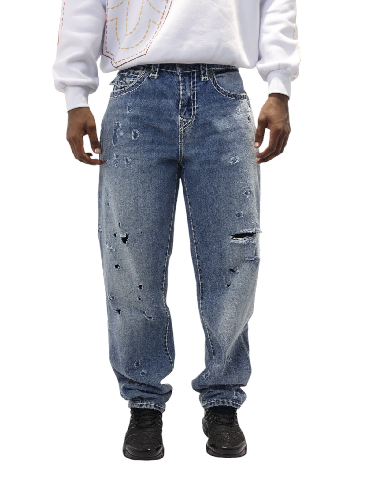 True Religion Jeans Bobby Baggy Benthos Rips Light Wash